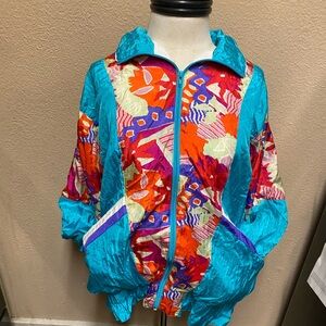 Laura Katherine Vintage Windbreaker Women’s Small-Multicolor Shapes on Turquoise
